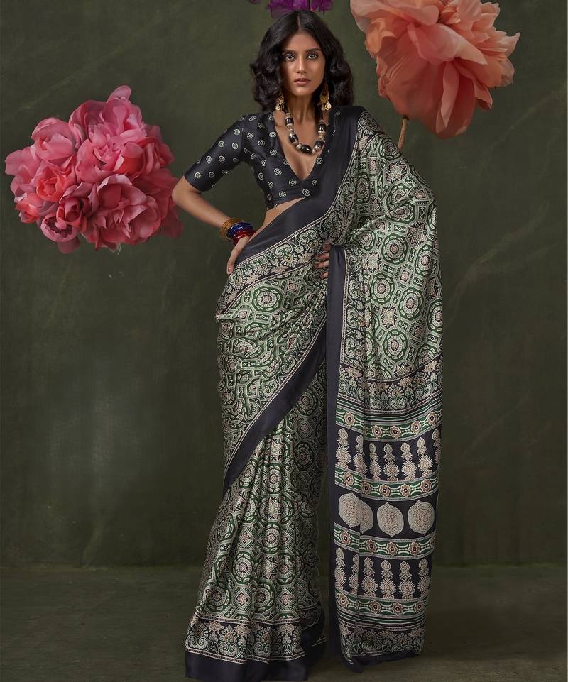 Printed ajrakh satin crepe saree – traditional art with a modern touch