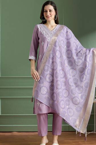 Lavender roman silk kurti pant dupatta set