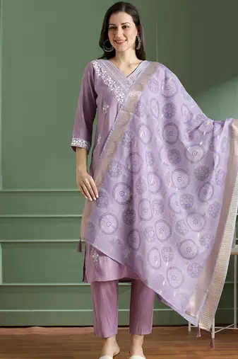 Lavender roman silk kurti pant dupatta set
