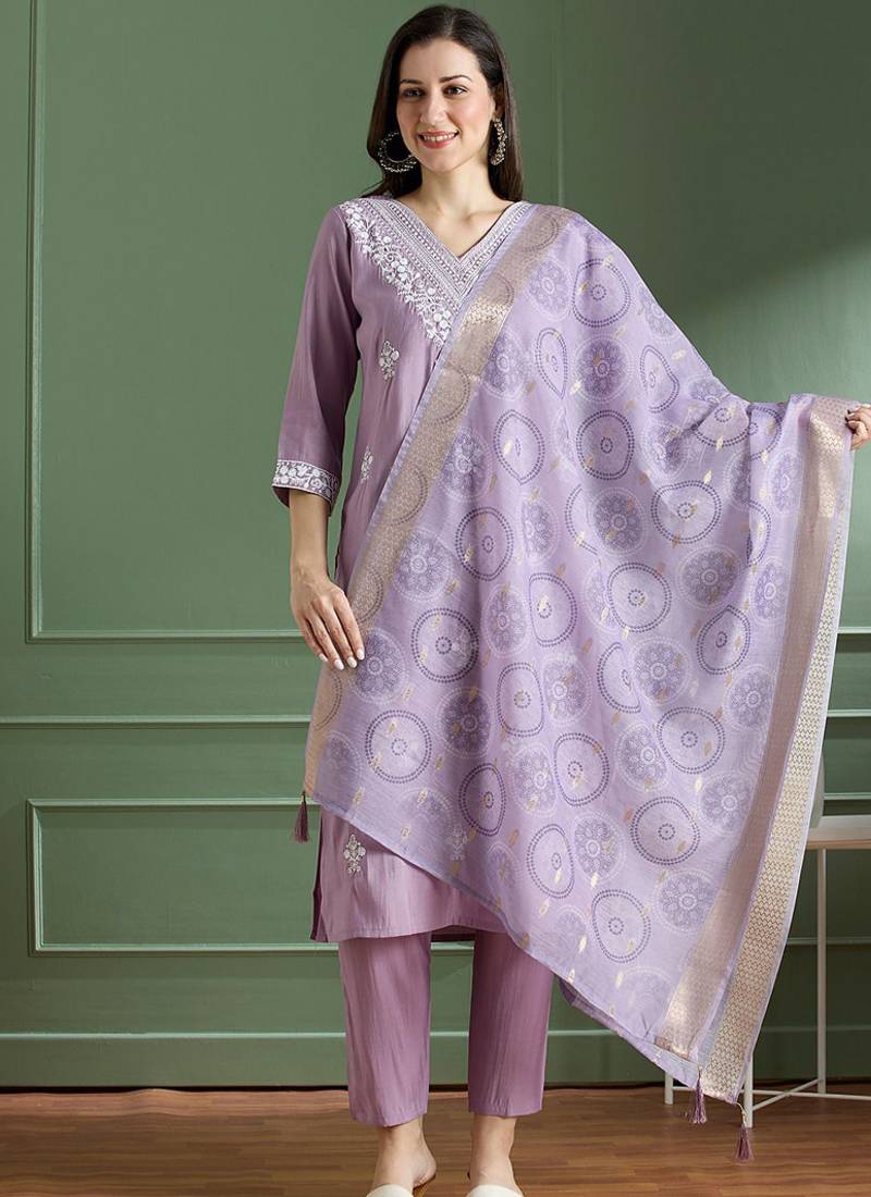 Lavender roman silk kurti pant dupatta set