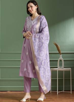 Lavender roman silk kurti pant dupatta set 2