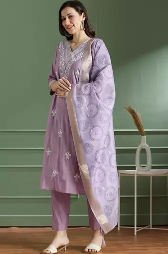 Lavender roman silk kurti pant dupatta set
