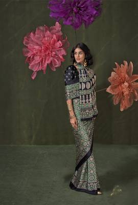 Printed ajrakh satin crepe saree art with a modern touch 2