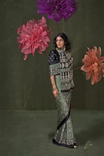 Printed ajrakh satin crepe saree  art with a modern touch