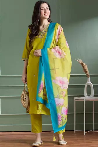 Yellow designers kurti pant dupatta set