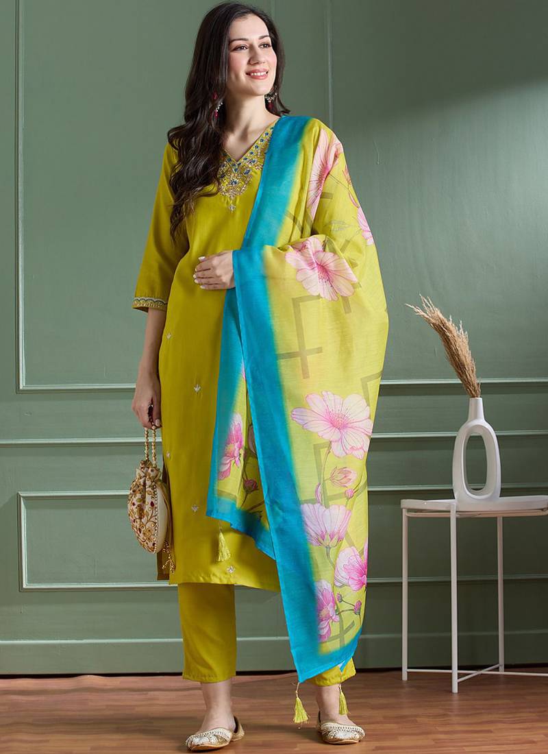 Yellow designers kurti pant dupatta set