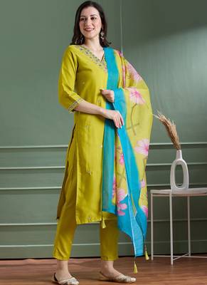 Yellow designers kurti pant dupatta set 2
