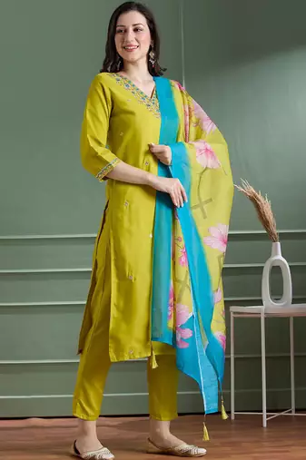 Yellow designers kurti pant dupatta set