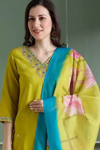 Yellow designers kurti pant dupatta set