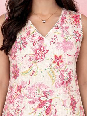 Vastramay women's pink floral screen print cambric cotton kurta | sleeveless v-neck straight ethnic wear 2