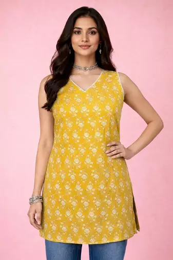 Vastramay women's yellow kantha work geometric print cambric cotton kurta