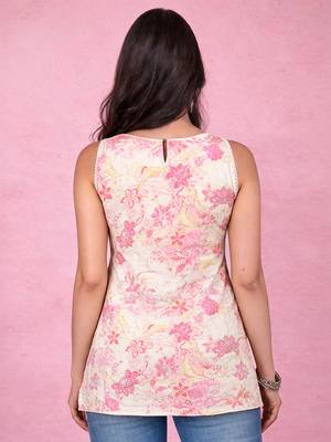 Vastramay women's pink floral screen print cambric cotton kurta | sleeveless v-neck straight ethnic wear 4