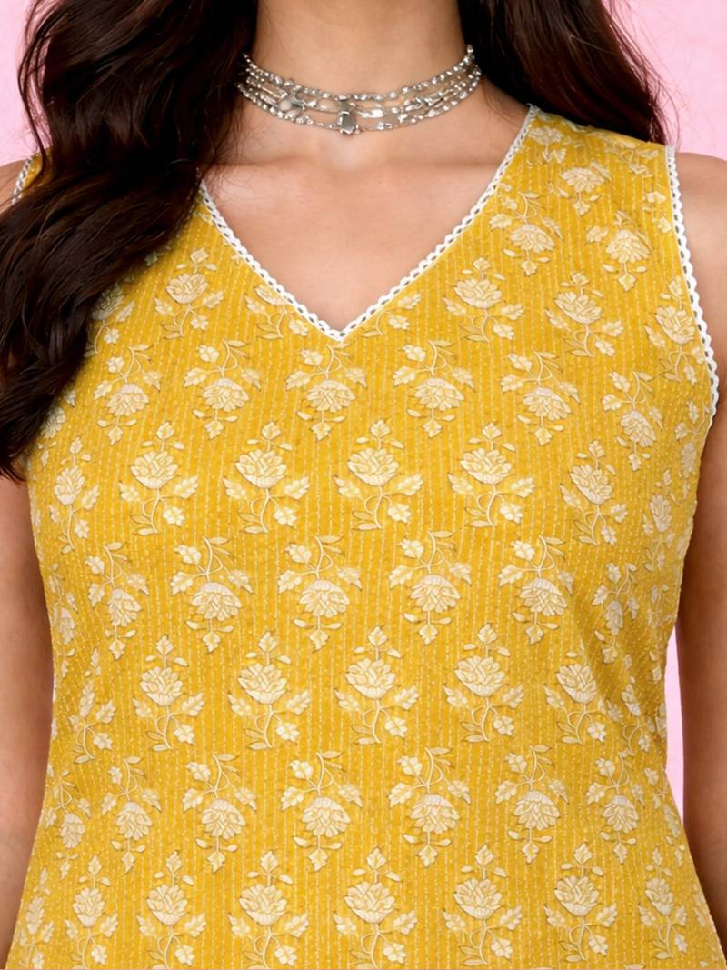 Vastramay women's yellow kantha work geometric print cambric cotton kurta
