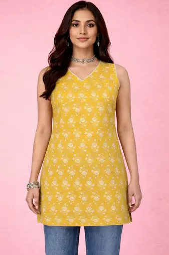 Vastramay women's yellow kantha work geometric print cambric cotton kurta
