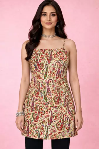Vastramay womens cream paisley digital print crepe straight kurta