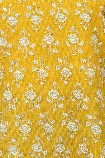 Vastramay women's yellow kantha work geometric print cambric cotton kurta