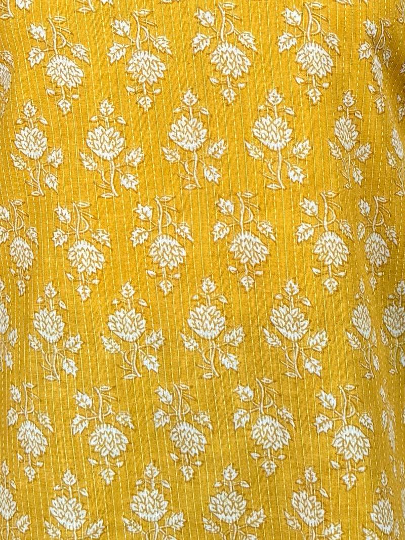 Vastramay women's yellow kantha work geometric print cambric cotton kurta