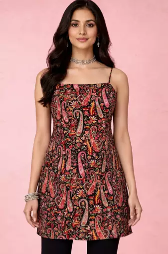 Vastramay womens black paisley digital print crepe straight kurta