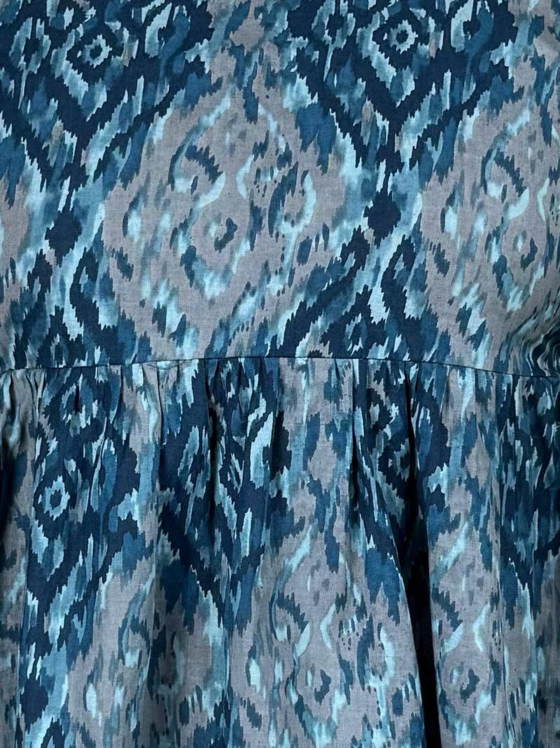 Vastramay womens navy blue ikkat screen print cambric cotton empire flared kurta