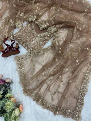 New Beautiful sequins and Zari Embroidery Work Soft Net Fabric Women's Saree With Blouse Set  2