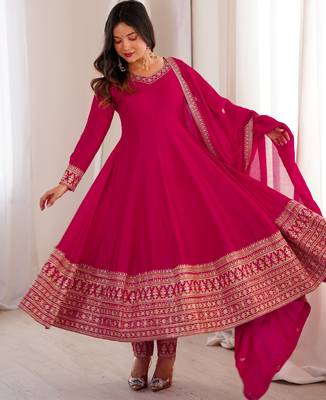 Pink heavy vichitra silk anarkali gown set with dupatta   full kali flare & embroidered work 1