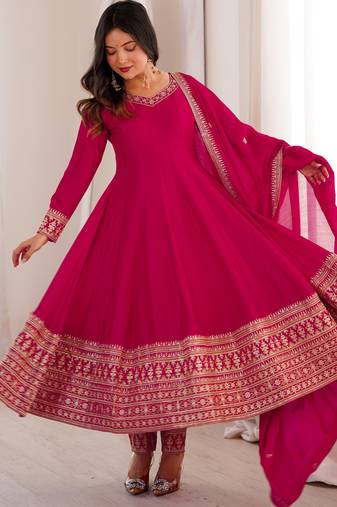 Pink heavy vichitra silk anarkali gown set with dupatta – full kali flare & embroidered work