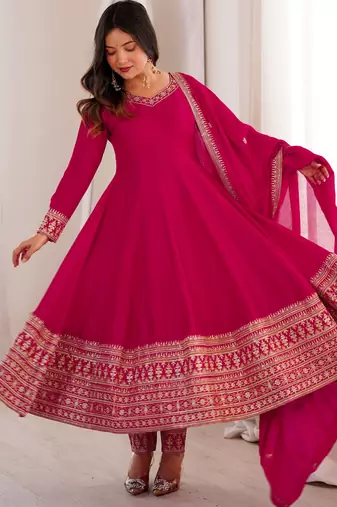 Pink heavy vichitra silk anarkali gown set with dupatta – full kali flare & embroidered work