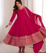 Pink heavy vichitra silk anarkali gown set with dupatta – full kali flare & embroidered work
