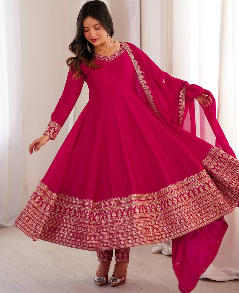 Pink heavy vichitra silk anarkali gown set with dupatta – full kali flare & embroidered work