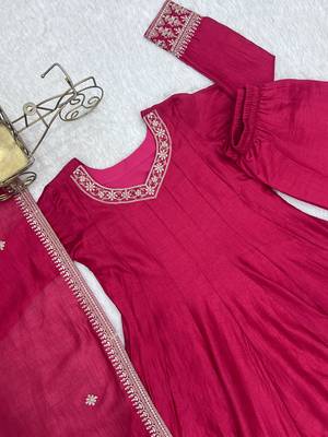 Pink heavy vichitra silk anarkali gown set with dupatta   full kali flare & embroidered work 2