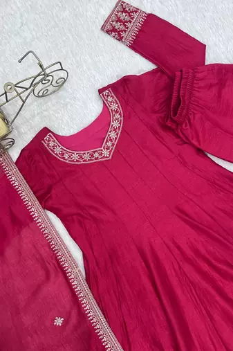 Pink heavy vichitra silk anarkali gown set with dupatta   full kali flare & embroidered work