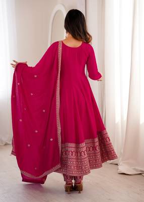 Pink heavy vichitra silk anarkali gown set with dupatta   full kali flare & embroidered work 3