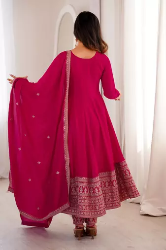 Pink heavy vichitra silk anarkali gown set with dupatta   full kali flare & embroidered work