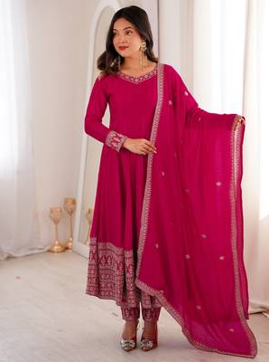 Pink heavy vichitra silk anarkali gown set with dupatta   full kali flare & embroidered work 4
