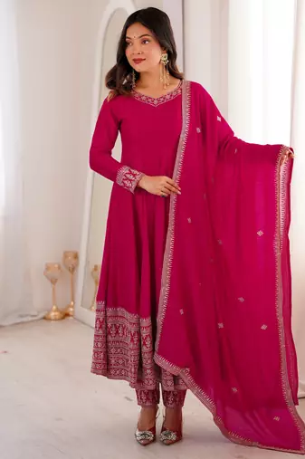 Pink heavy vichitra silk anarkali gown set with dupatta   full kali flare & embroidered work