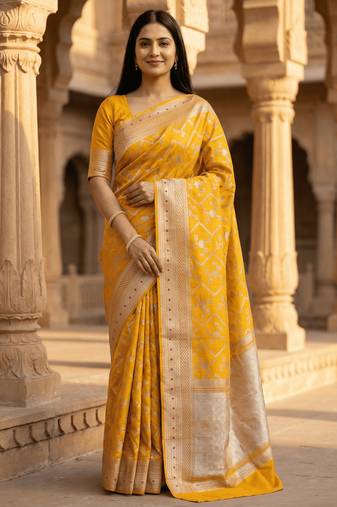 Banarasi  pure silk chiniya saree in mustard colour with floral  zari zig-zag pattern with red colour meenakari