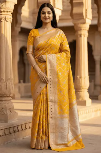 Banarasi  pure silk chiniya saree in mustard colour with floral  zari zig-zag pattern with red colour meenakari