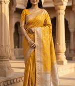 Banarasi  pure silk chiniya saree in mustard colour with floral  zari zig-zag pattern with red colour meenakari