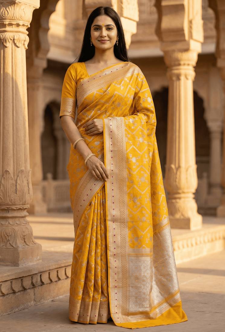 Banarasi  pure silk chiniya saree in mustard colour with floral  zari zig-zag pattern with red colour meenakari