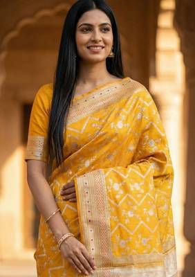 Banarasi  pure silk chiniya saree in mustard colour with floral  zari zig-zag pattern with red colour meenakari 2
