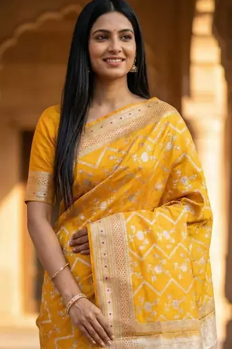 Banarasi  pure silk chiniya saree in mustard colour with floral  zari zig-zag pattern with red colour meenakari