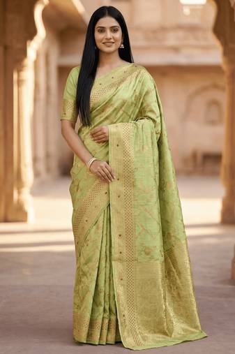 Banarasi  pure silk chiniya saree in pista green colour with floral  zari zig-zag pattern with red colour meenakari