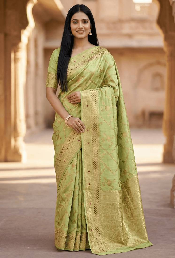 Banarasi  pure silk chiniya saree in pista green colour with floral  zari zig-zag pattern with red colour meenakari