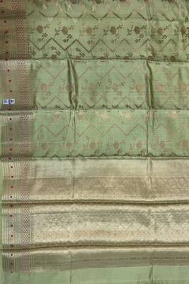 Banarasi  pure silk chiniya saree in pista green colour with floral  zari zig-zag pattern with red colour meenakari 3