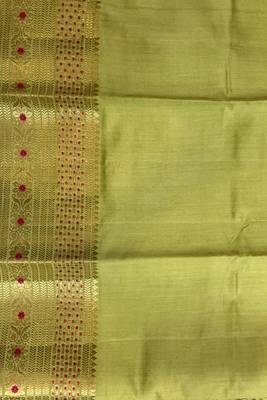Banarasi  pure silk chiniya saree in pista green colour with floral  zari zig-zag pattern with red colour meenakari 4