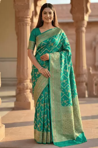 Banarasi  pure silk chiniya saree in teal green colour with floral  zari zig-zag pattern with red colour meenakari