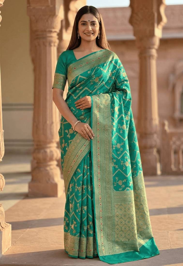 Banarasi  pure silk chiniya saree in teal green colour with floral  zari zig-zag pattern with red colour meenakari