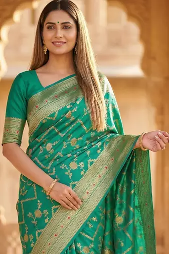 Banarasi  pure silk chiniya saree in teal green colour with floral  zari zig-zag pattern with red colour meenakari
