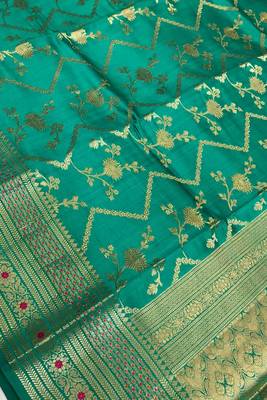 Banarasi  pure silk chiniya saree in teal green colour with floral  zari zig-zag pattern with red colour meenakari 3