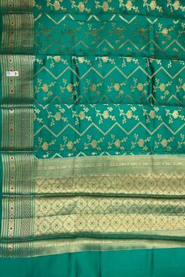 Banarasi  pure silk chiniya saree in teal green colour with floral  zari zig-zag pattern with red colour meenakari 4